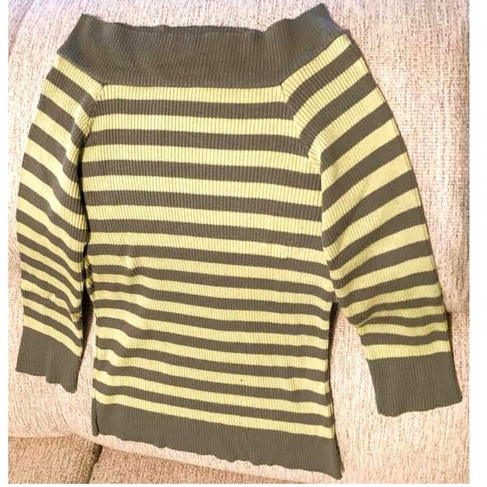 OLIVE & LIGHT SAGE STRIPED ¾ SLEEVE BOATNECK SWEATER – MISSES PETITE/SMALL